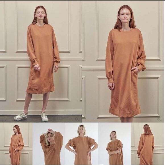 A MENTE 100% COTTON GARMENT DYE COTTON TERRY SWEATSHIRT DRESS HAZEL TAN S/M - Picture 1 of 11